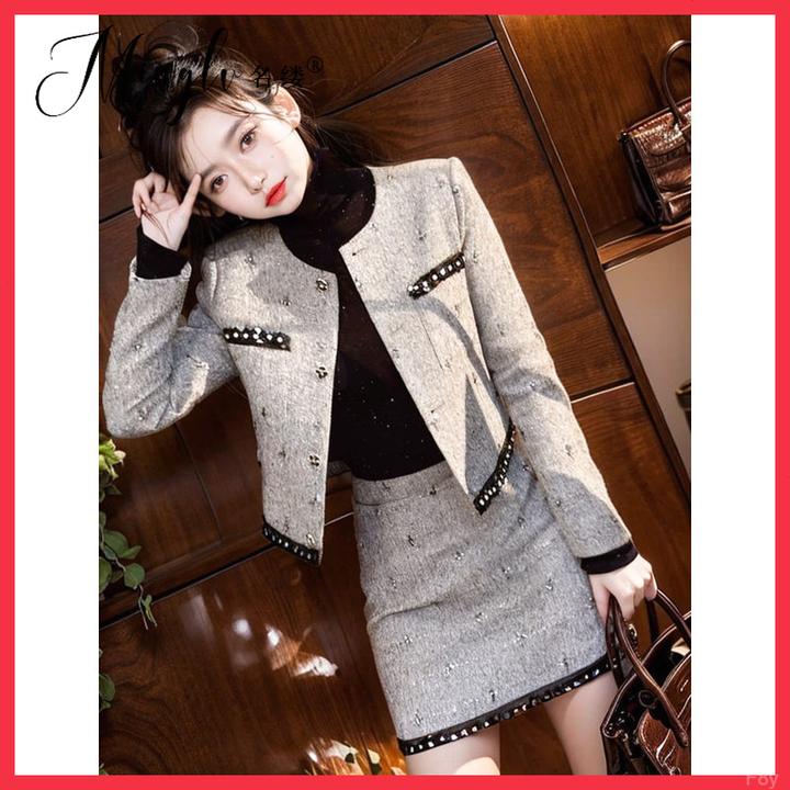 钉珠半裙穿搭两件式时尚毛呢百搭灰色高级感短外套重工秋2025年