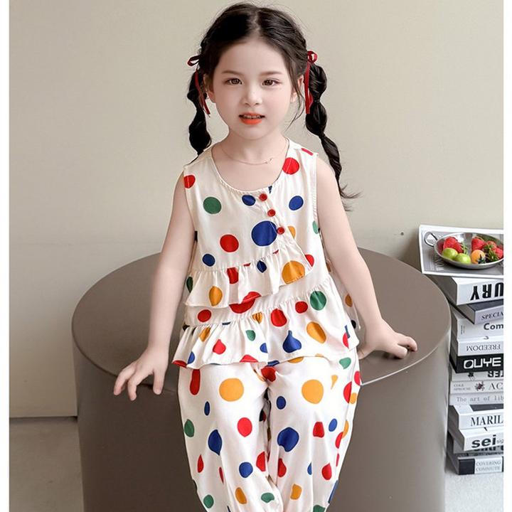 女童棉绸套装夏季2025新款洋气时髦儿童女宝宝夏装圆点两件套薄款
