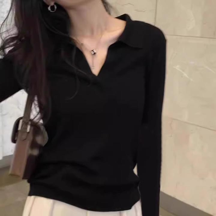 黑色正肩POLO螺纹衫V领长袖T恤女打底衫女款打底v领打底衫女