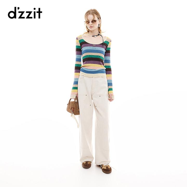 【商场同款新品】dzzit地素针织衫25秋条纹修身U领上衣女3J3E42629