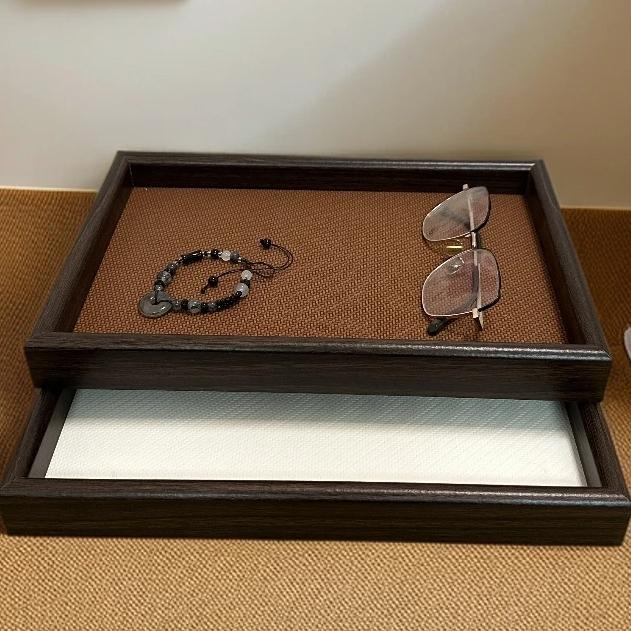 亚麻细纹轻奢收纳盘长方形复古边框日常家用茶盘珠宝首饰展示托盘