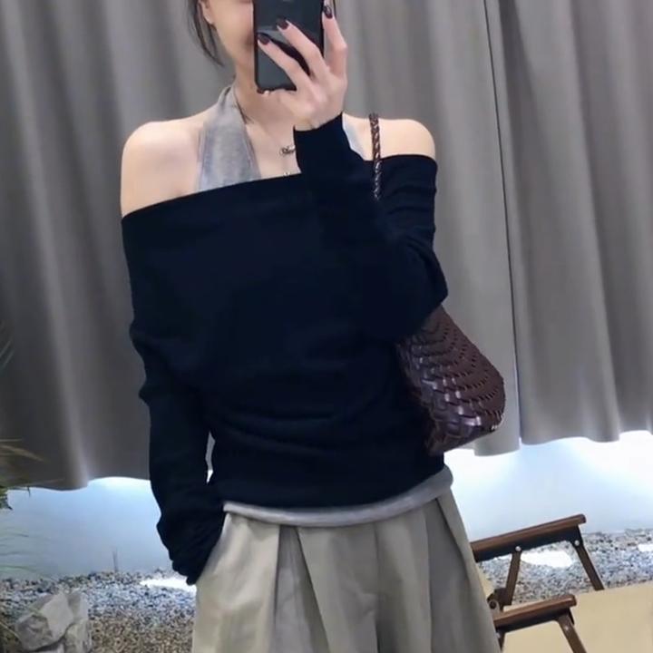 早秋新款女假两件长袖针织衫时尚百搭斜肩挂脖吊带内搭打底衫上衣