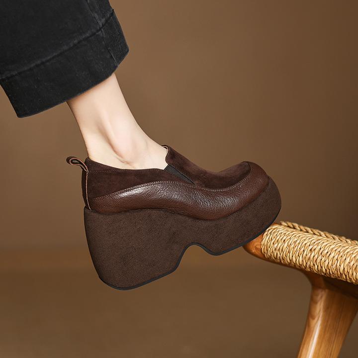 10cm复古高跟坡跟鞋新款小个子厚底增高女鞋棕色圆头深口单鞋皮鞋