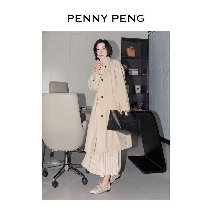 PENNYPENG 白月歇山 黑标系列高级慵懒感长款卡其色翻领宽松风衣
