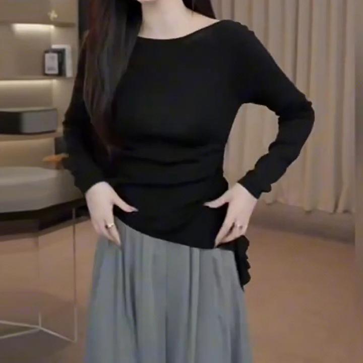 一字领荷叶边开叉长袖打底T恤衫女2025秋季新款气质修身显瘦上衣