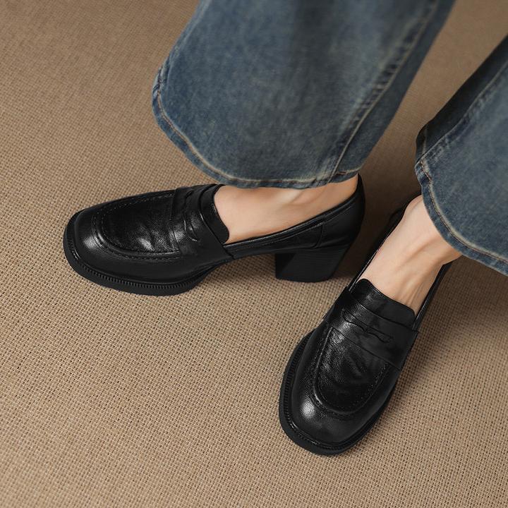 头层羊皮6cm～复古高跟舒适厚底乐福鞋深口单鞋女百搭粗跟新款皮鞋