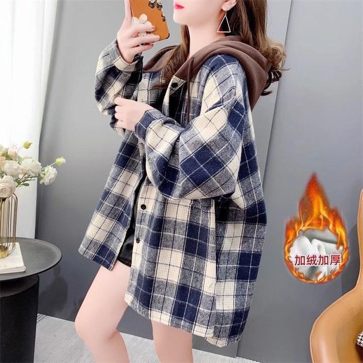 秋冬加厚加绒格子衬衫外套2024新款洋气百搭宽松休闲连帽上衣