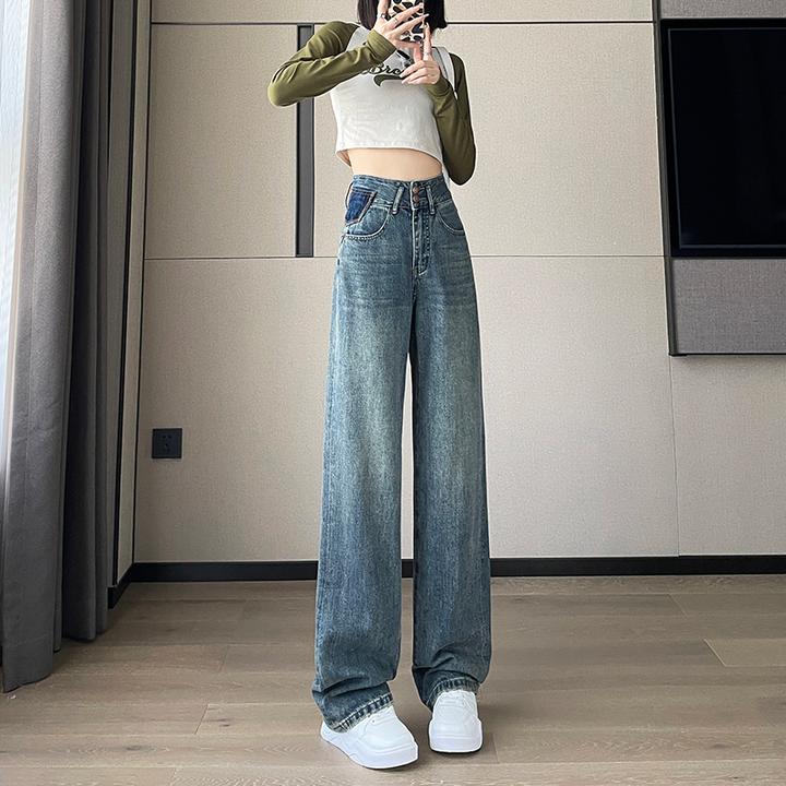 1606窄版阔腿牛仔裤女春季2025年新款高腰撞色显瘦小个子直筒裤