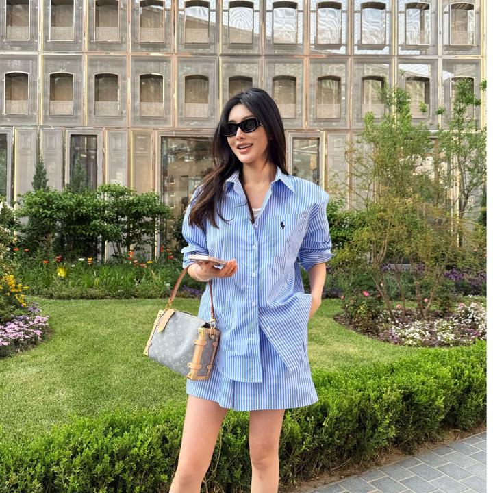 25年春夏款百搭休闲长袖衬衣宽松设计感衬衣套装条纹温婉大方衣服