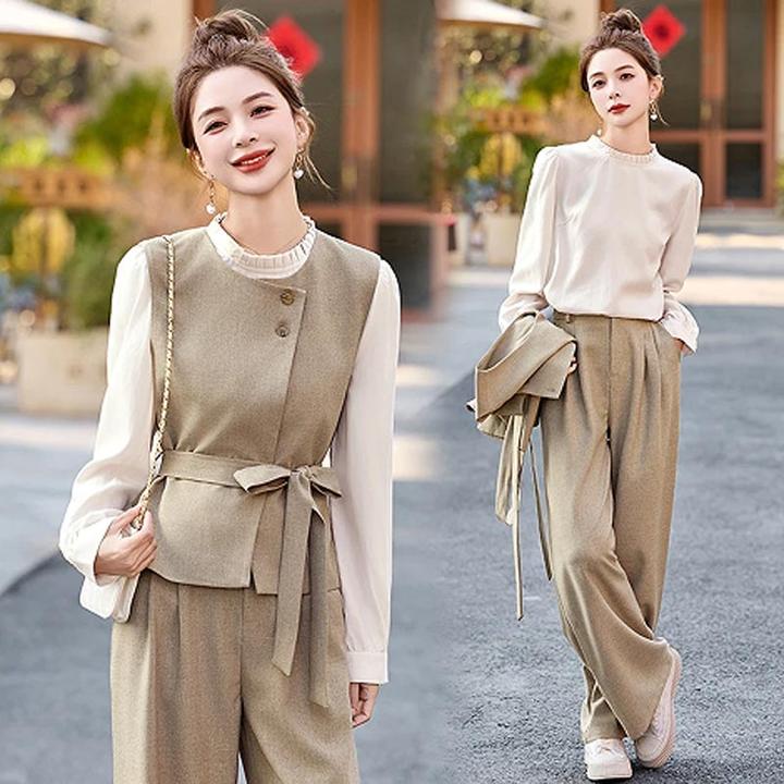 2025夏季新款纯色长袖打底T恤开衫马甲衬衫百搭西装裤小众三件套