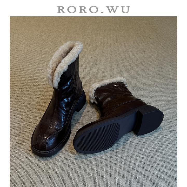 娆娆吴·头层手抓羊皮加绒保暖圆头短靴冬季新款粗跟时装靴女P03