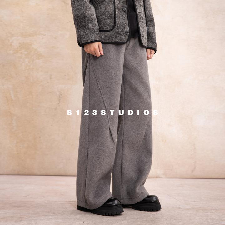 重磅900g解构拼接羊毛休闲裤复古毛呢加绒阔腿直筒长裤男女裤子