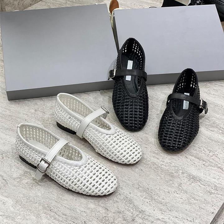 牛皮版~编织镂空低跟一字式扣带单鞋2025新款时尚百搭玛丽珍女鞋
