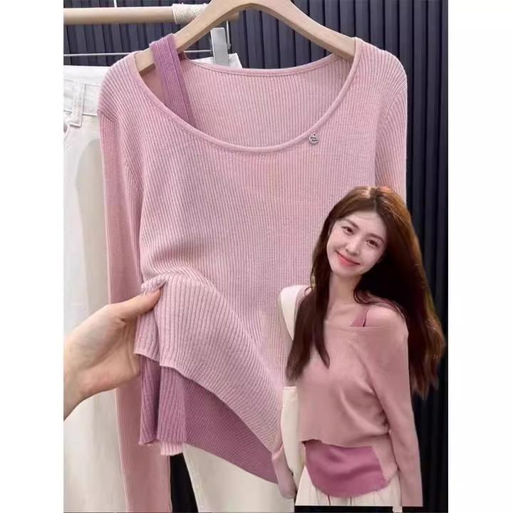 粉色假两件针织衫女开春韩系穿搭打底衫露肩高级感小众不撞款上衣