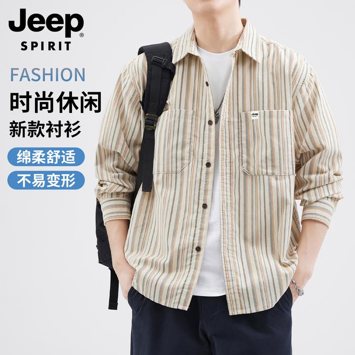 吉普复古条纹衬衫男士长袖2025年秋季潮流休闲衬休闲立领男士衬衫