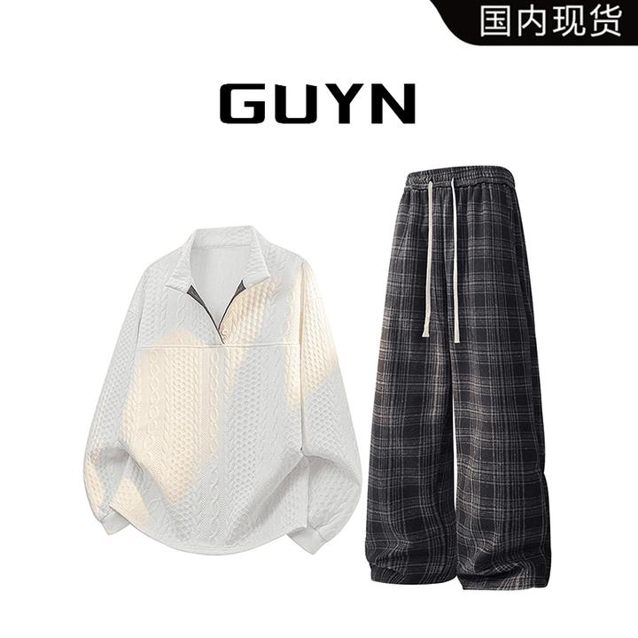 GUYN春秋季大码提花卫衣套装男士套头格纹休闲直筒裤慵懒风运动服
