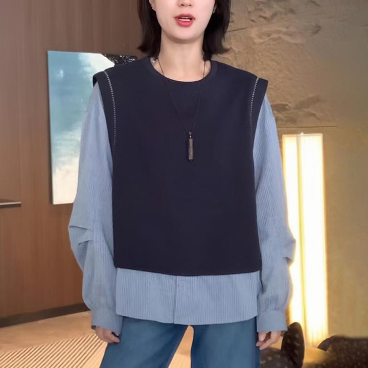 2025秋季新款女条纹假两件衬衫卫衣拼接洋气减龄宽松设计感上衣