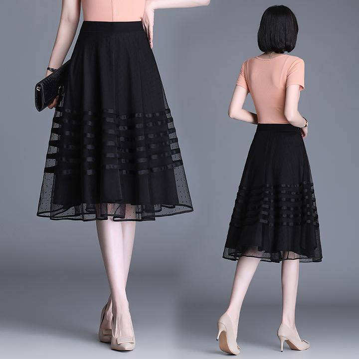 拉夏贝尔黑色网纱半身裙夏季新款高腰显瘦垂感a字裙印花伞裙女士