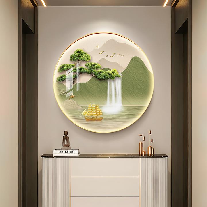 奶油风山水画新款圆形玄关装饰画现代简约客厅餐厅挂画走廊过道画