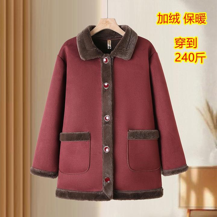 特体200斤胖妈妈冬装皮毛一体风衣中老年女装加绒加厚外套奶奶装