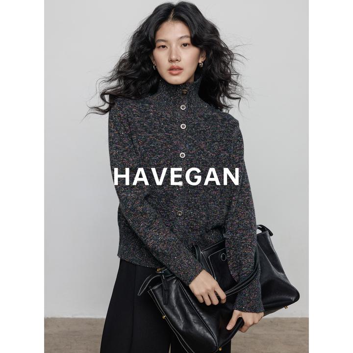 与间HAVEGAN/冬季立领花纱长袖针织开衫女绵羊毛内搭上衣毛衣外穿