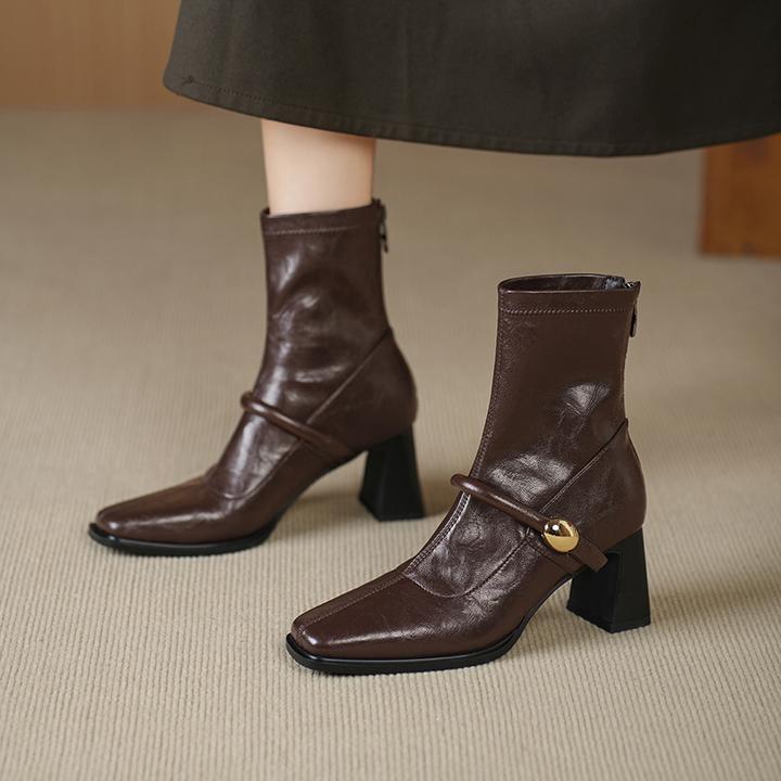 美拉德靴子气质方头高跟短靴女秋冬粗跟短筒时装瘦瘦靴棕色弹力靴