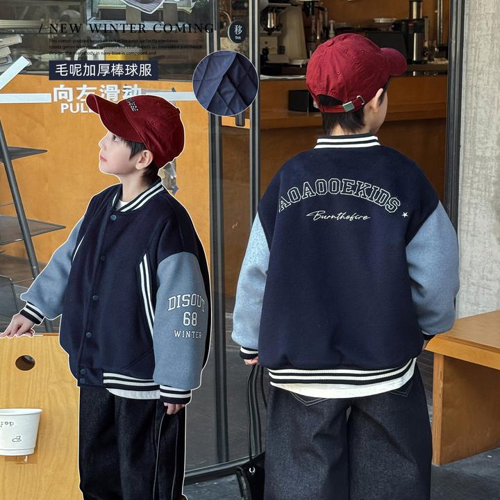 棉小班童装冬季字母印花拼色宝宝棉服毛呢加厚夹棉棒球服AD5106