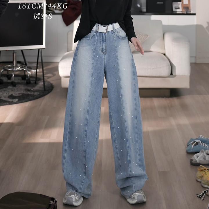 2025春夏季新款设计师时尚休闲百搭通勤磨白钉珠牛仔裤LK2502560