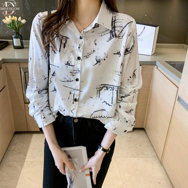 衬衫女长袖2025春秋新款复古港风水墨涂鸦印花上衣潮白色雪纺衬衣