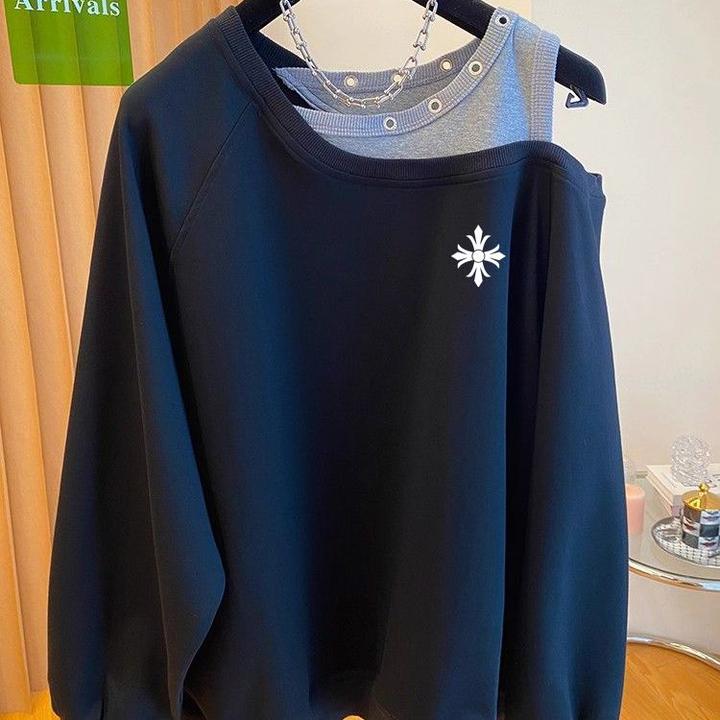 辣妹假两件斜肩露肩长袖圆领卫衣女秋季新款上衣印花打底衫女内搭