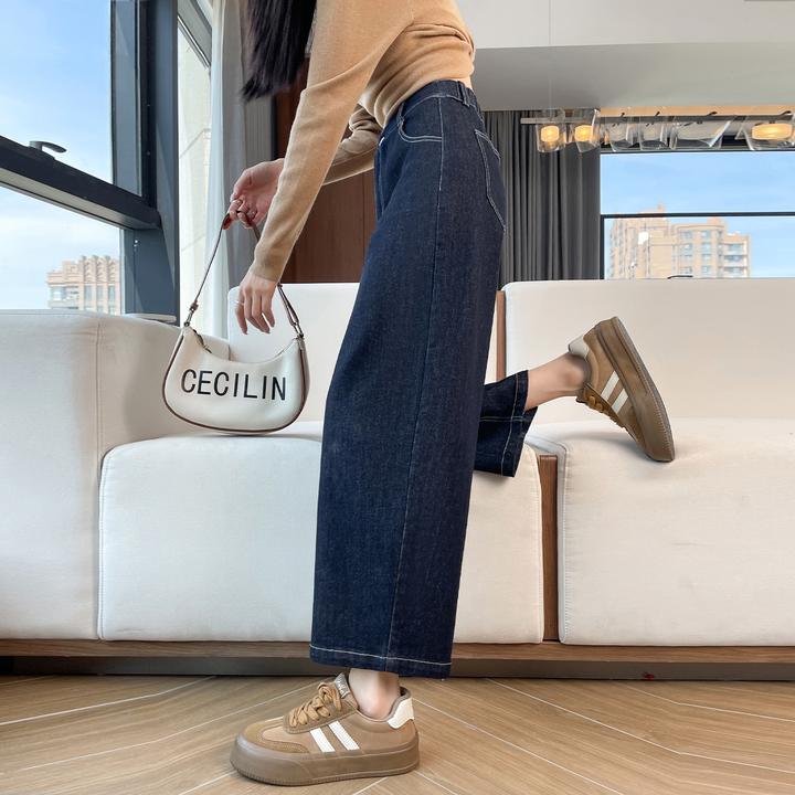 丹宁色哈伦牛仔裤女春秋2025新款高腰宽松显瘦弹力直筒老爹萝卜裤