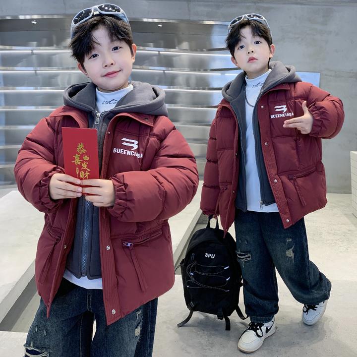 男童棉服假两件韩版字母2025中大童洋气韩版棉衣加厚保暖帅气外套