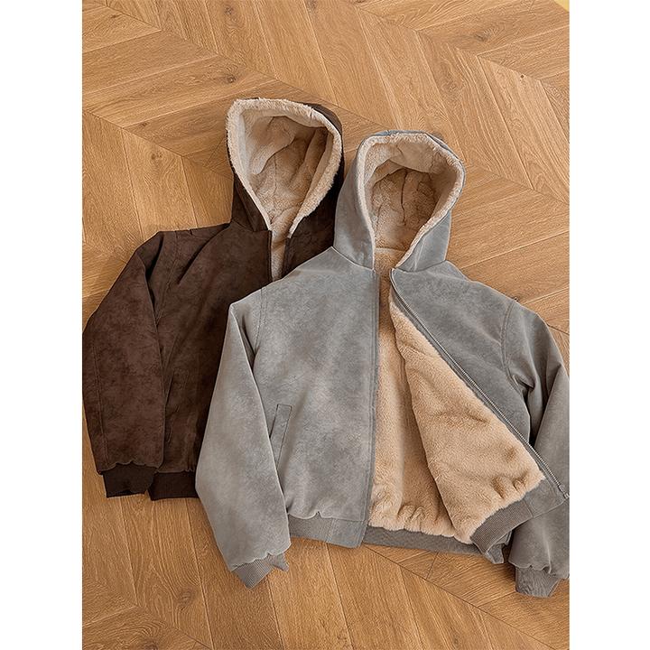 美式复古PU皮座山雕棉服男款冬季加绒加厚保暖外套仿兔毛连帽棉衣