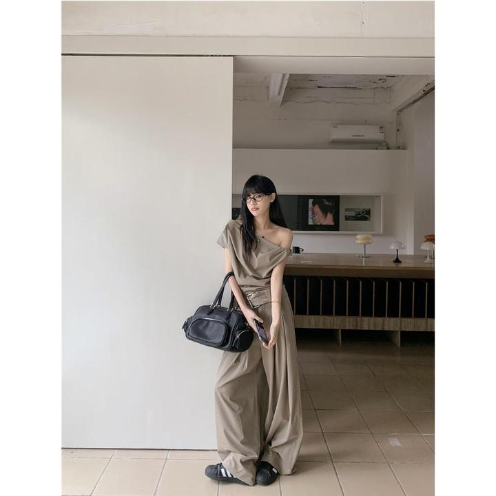 设计感不规则斜肩短袖上衣女夏季时尚套装休闲西装阔腿长裤两件套