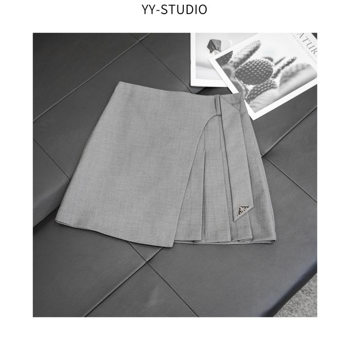 秋季新款A字百搭高腰秋天立体装饰短裙拼接纯色半身裙半裙53165