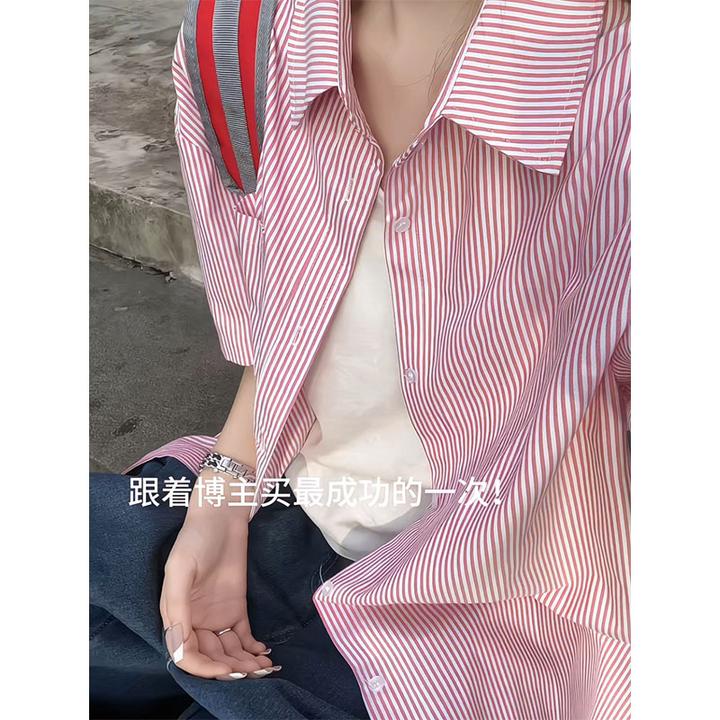 日系减龄学院风条纹短袖衬衫夏季时尚洋气休闲高级感百搭韩版衬衣