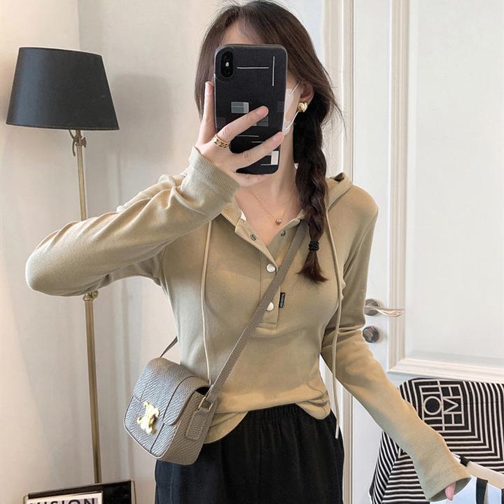 休闲风连帽长袖t恤女2025春秋新款韩版修身显瘦短款上衣打底衫ins