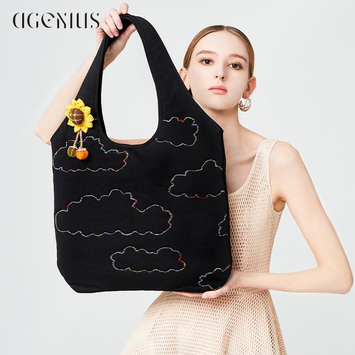 DGENIUS原创云朵刺绣托特包大容量编织手提女包时尚黑色单肩包包