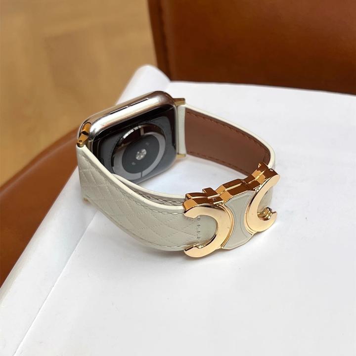 适用苹果手表s10代iwatch双C菱格真皮磁吸扣表带applewatch9876se