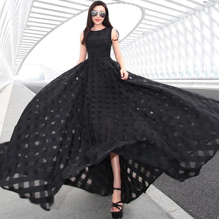 显瘦无袖欧美吊带裙长款连衣裙黑色沙滩裙修身夏季高腰大摆修身