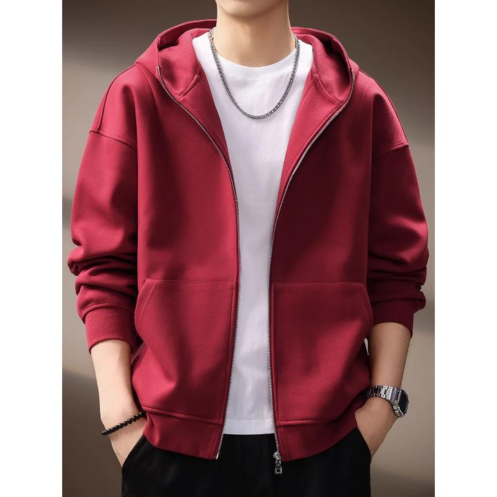 连帽卫衣外套男秋季高端日系复古480g重磅简约舒适宽松休闲夹克男