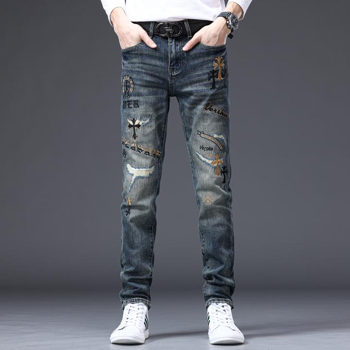 利尼科比利秋冬款破洞补丁刺绣牛仔裤男弹力修身小脚复古男款裤子