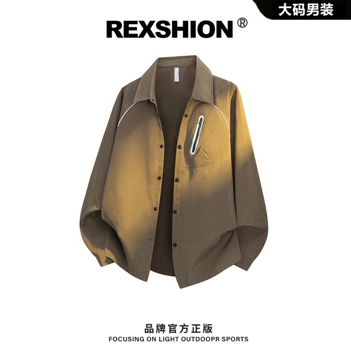 REXSHION秋季新款拼接条纹拉链口袋翻领衬衫夹克男简约休闲外套男