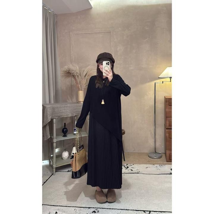 晶咕佳佳【琴法手则】下摆斜边拼接捏褶圆领连衣长裙长袖假两件长裙