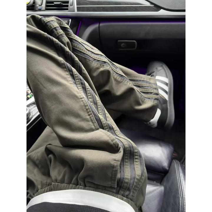 军绿色三条杠裤子夏季薄款冰丝休闲裤直筒宽松潮牌休闲百搭运动裤