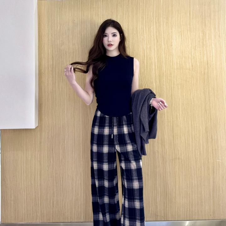 针织开外套女中长款毛衣外套搭配格子阔腿裤复古港风休闲三件套