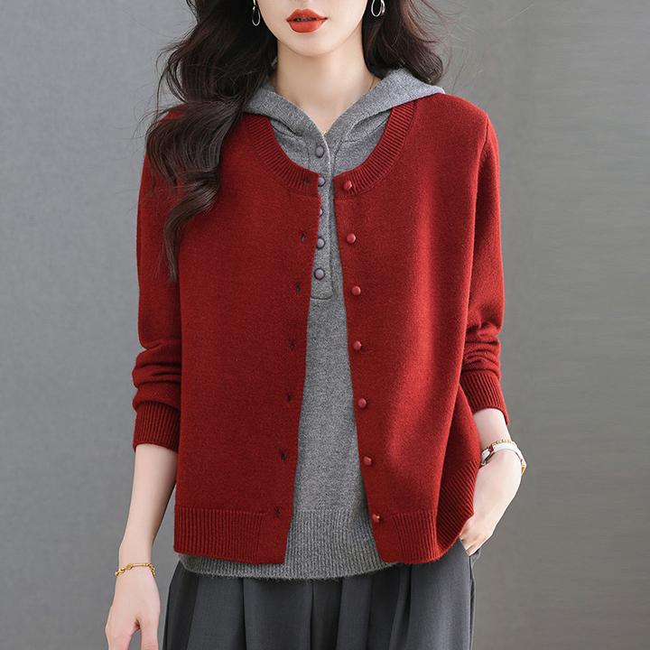 假两件针织开衫春秋2025新款洋气妈妈装大码红色毛衣连帽卫衣外套