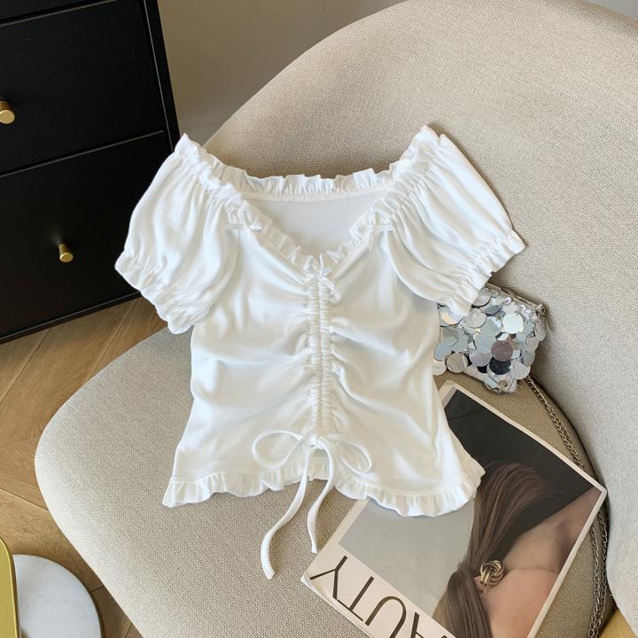 辣妹一字肩抽绳短袖t恤女夏2025设计感木耳边小衫纯欲别致小上衣