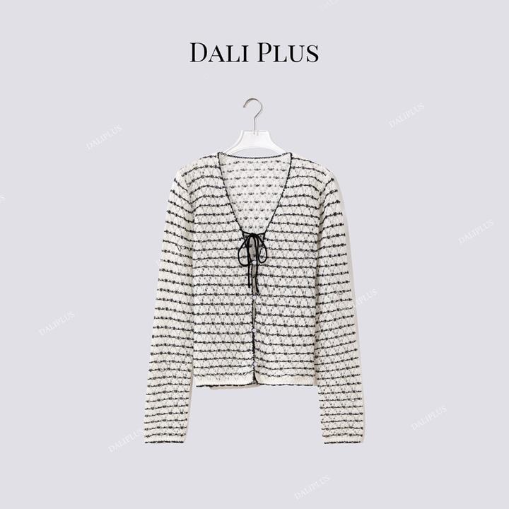 DALI PLUS“黑白条纹”纯手工勾边马海毛V领针织开衫-D5MM2449-1
