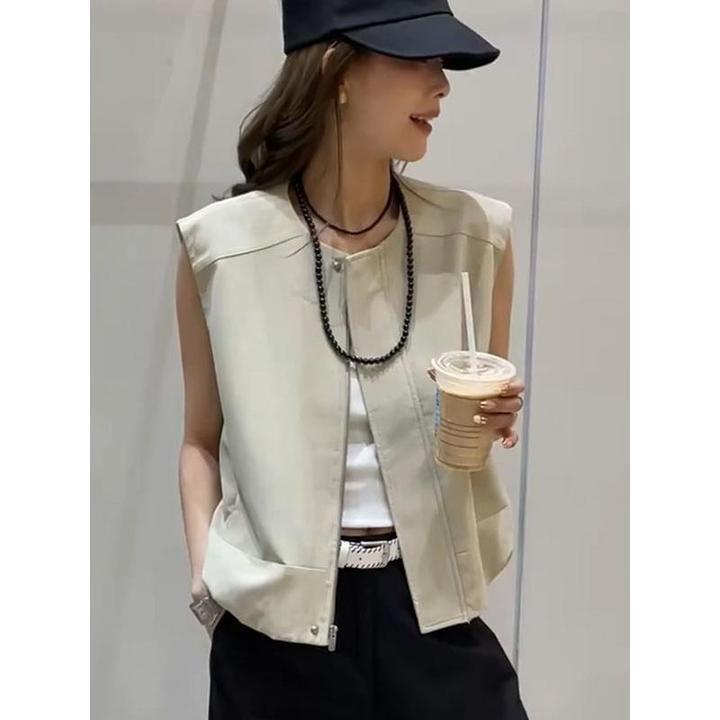 韩版2025年春秋新款时尚宽松百搭时尚潮流纯色无袖皮马甲外套女